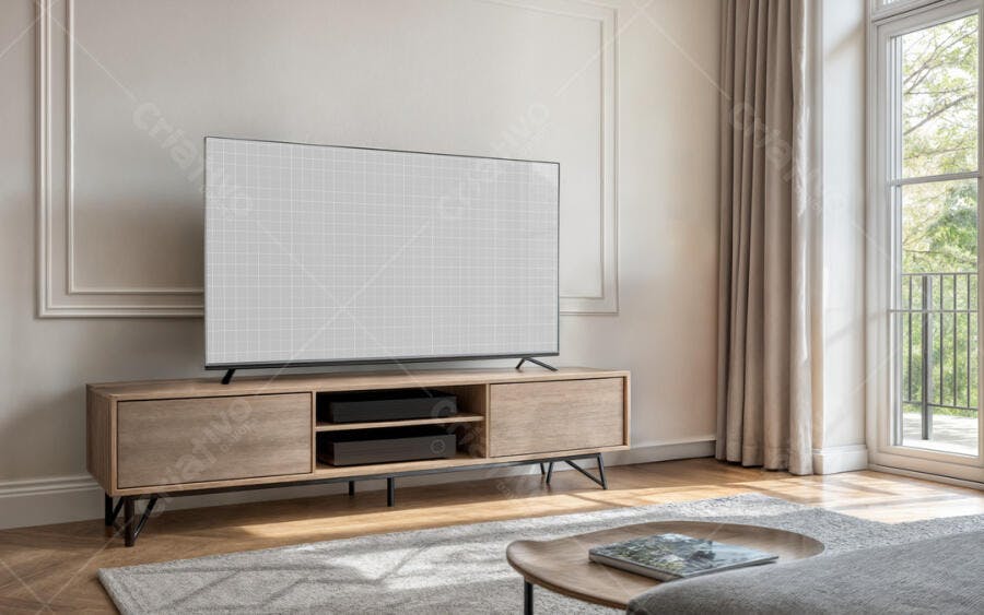 Mockup de Smart TV em Sala Moderna com Móveis de Madeira