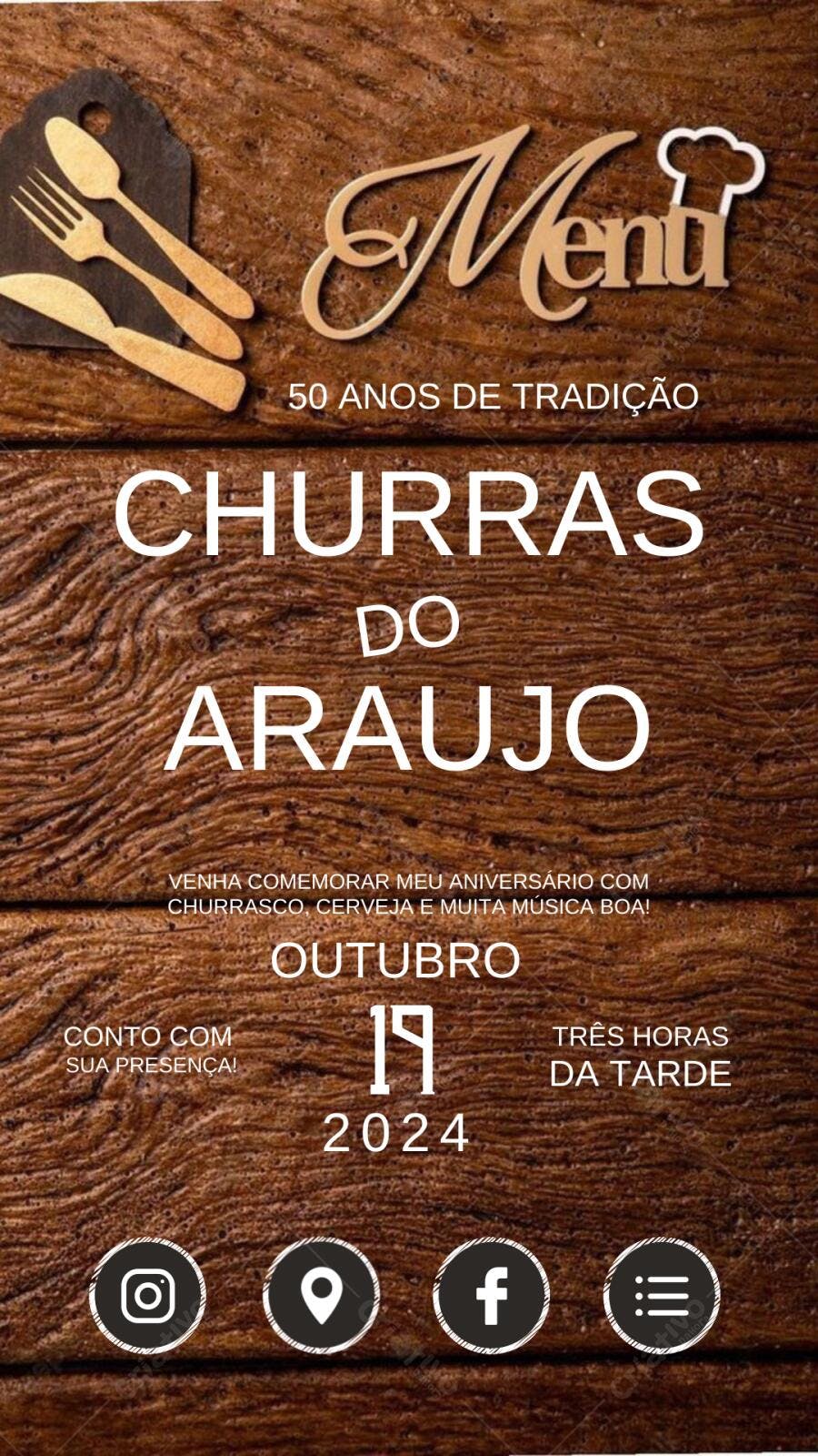 Convite Churrasco Aniversário 50 anos estilo rústico Editável no Canva