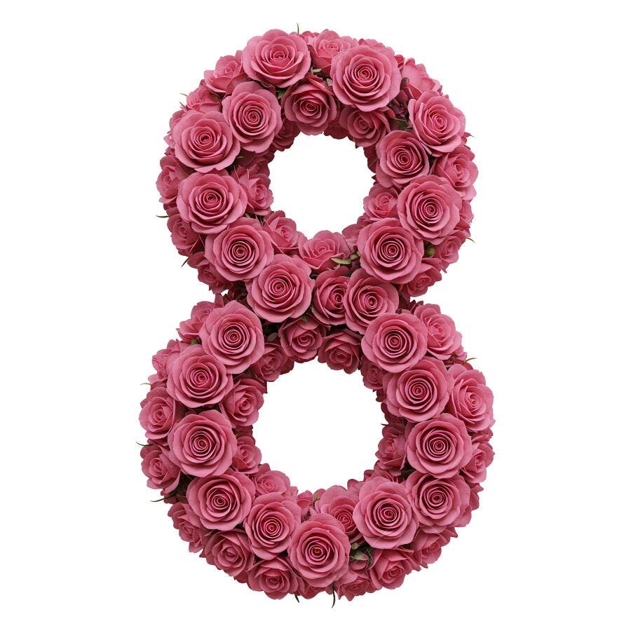 Número 8 feito de rosas cor-de-rosa