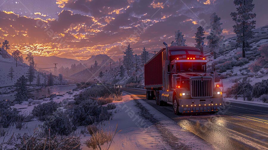 Caminhão vermelho em estrada nevada ao entardecer