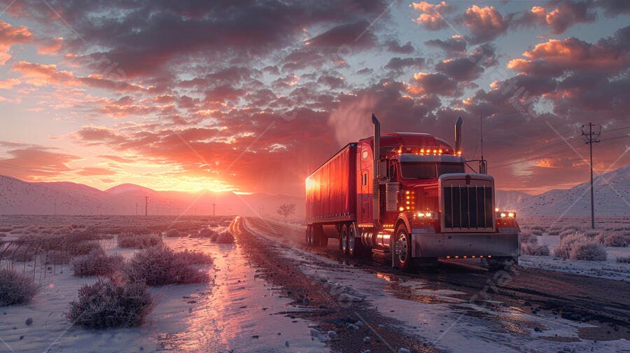 Caminhão vermelho em estrada nevada ao pôr do sol