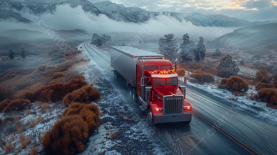 Caminhão vermelho em estrada nevada montanhosa