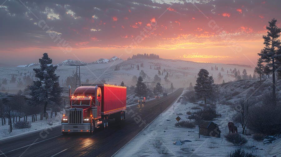 Caminhão vermelho em estrada nevada ao entardecer