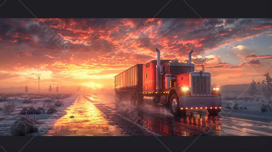 Caminhão vermelho em estrada nevada ao entardecer