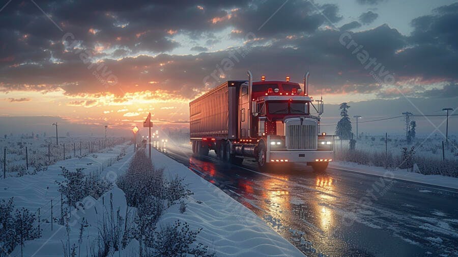 Caminhão na estrada nevada ao entardecer