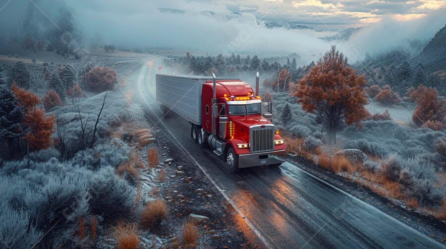 Caminhão vermelho em estrada nevada ao amanhecer