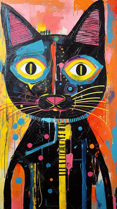 Gato Arte Brut - Pintura Colorida e Abstrata em Estilo Expressivo