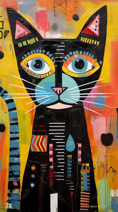 Gato Arte Brut - Pintura Colorida e Abstrata em Estilo Expressivo