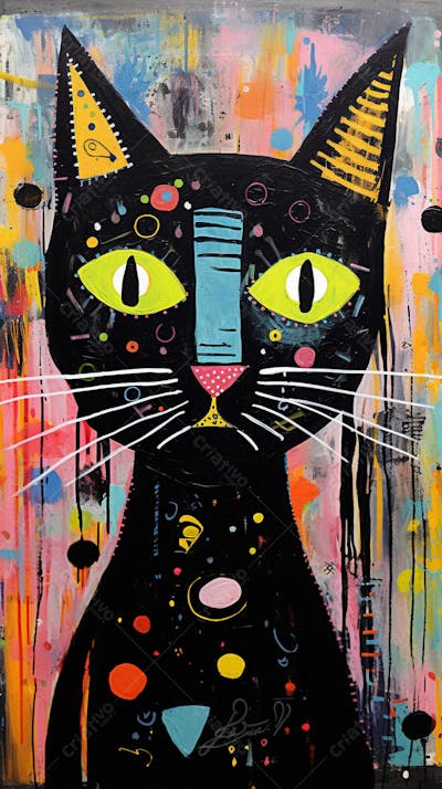Gato Arte Brut - Pintura Colorida e Abstrata em Estilo Expressivo