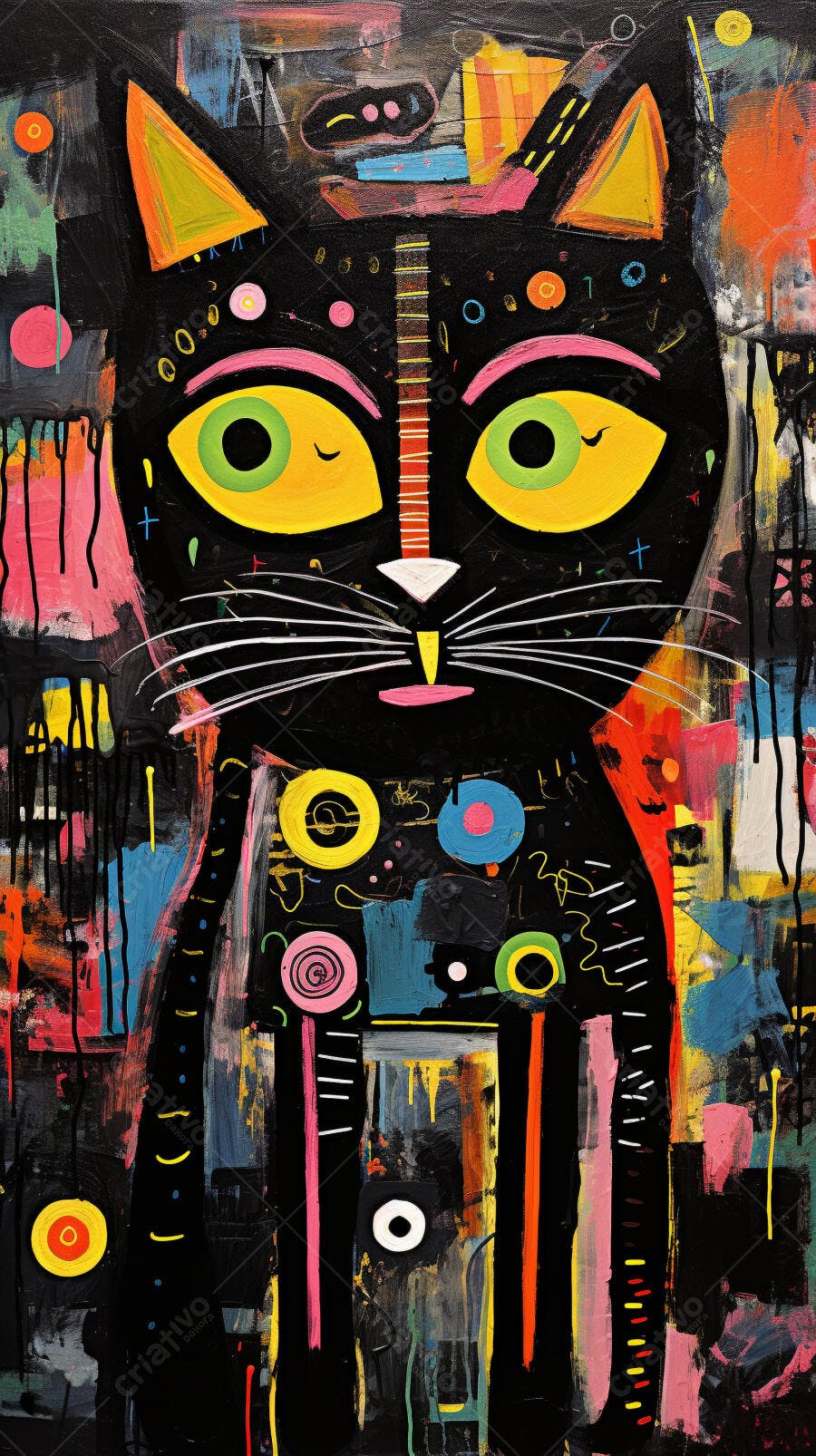 Gato preto pintura abstrata cores vibrantes