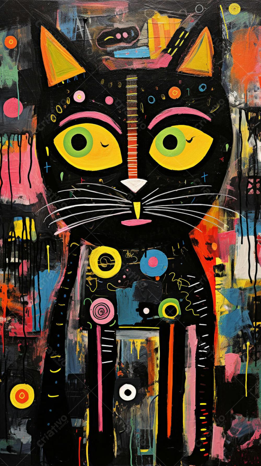 Gato Arte Brut - Pintura Colorida e Abstrata em Estilo Expressivo