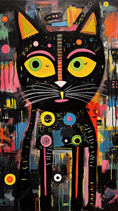 Gato Arte Brut - Pintura Colorida e Abstrata em Estilo Expressivo