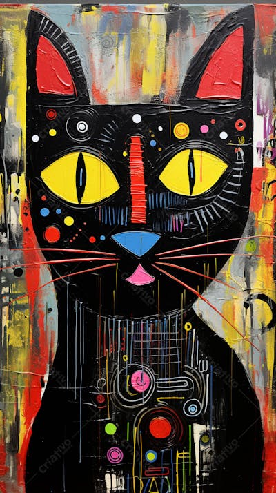 Gato Arte Brut - Pintura Colorida e Abstrata em Estilo Expressivo