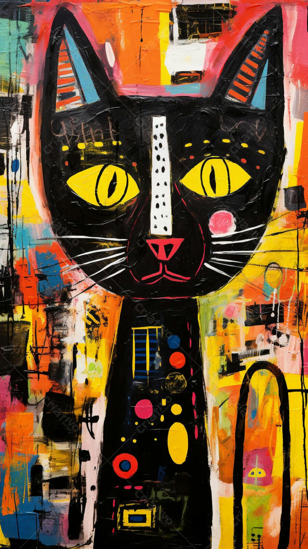 Gato Arte Brut - Pintura Colorida e Abstrata em Estilo Expressivo