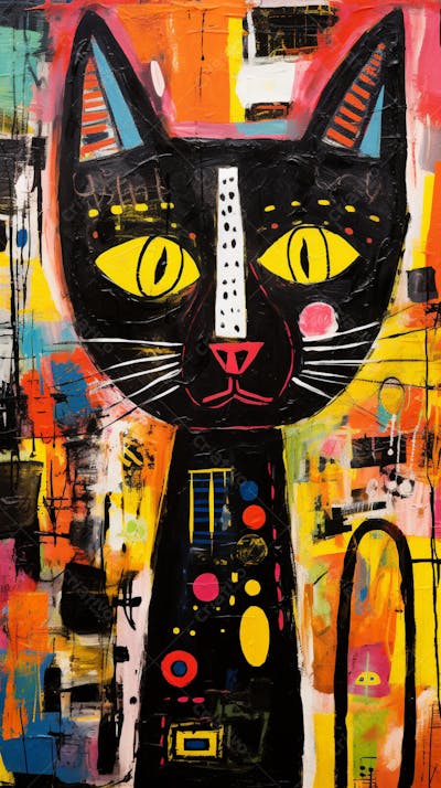Gato Arte Brut - Pintura Colorida e Abstrata em Estilo Expressivo