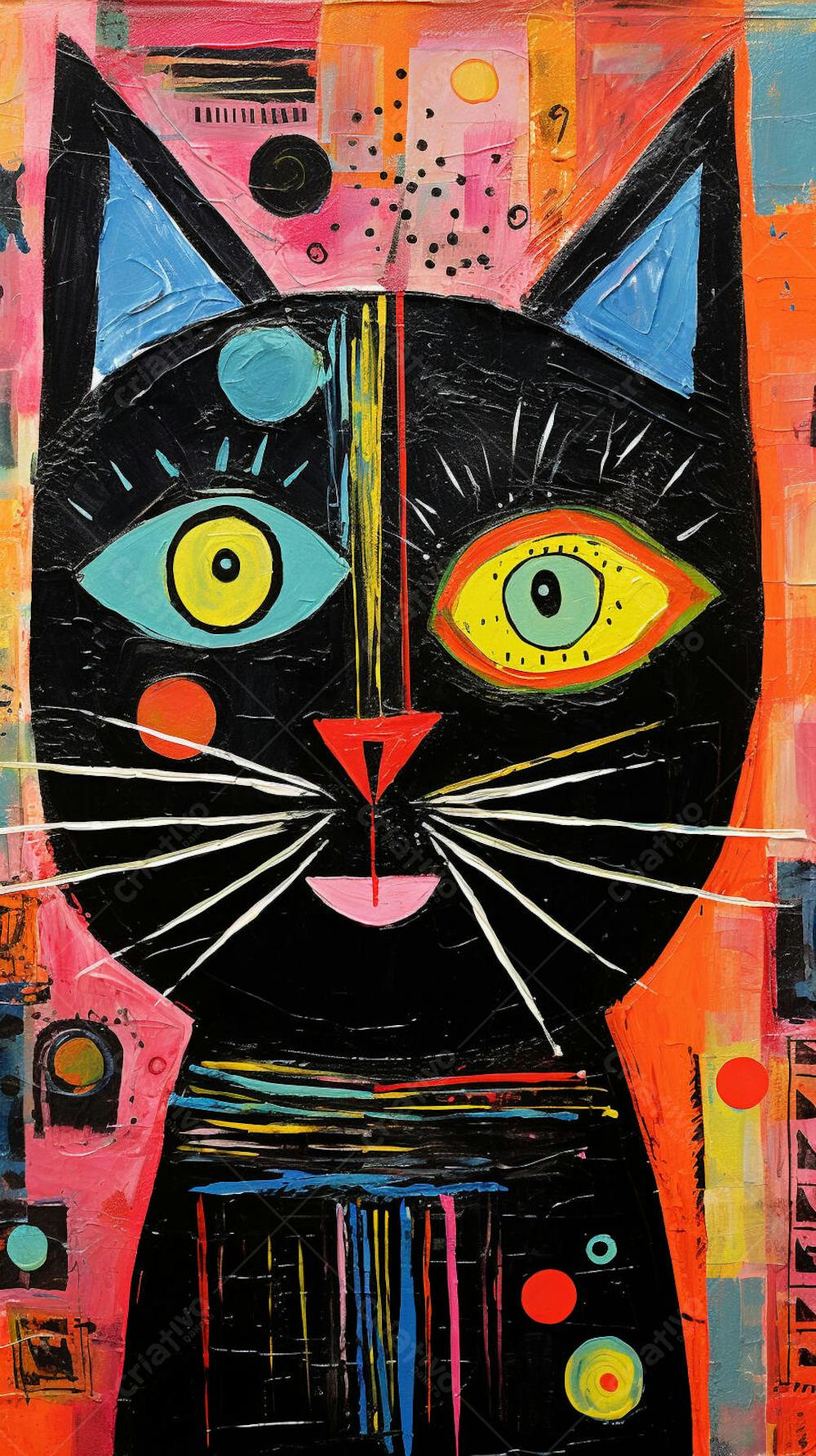 Gato Arte Brut - Pintura Colorida e Abstrata em Estilo Expressivo