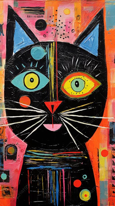 Gato Arte Brut - Pintura Colorida e Abstrata em Estilo Expressivo