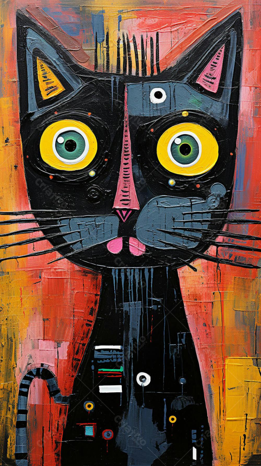 Gato Arte Brut - Pintura Colorida e Abstrata em Estilo Expressivo