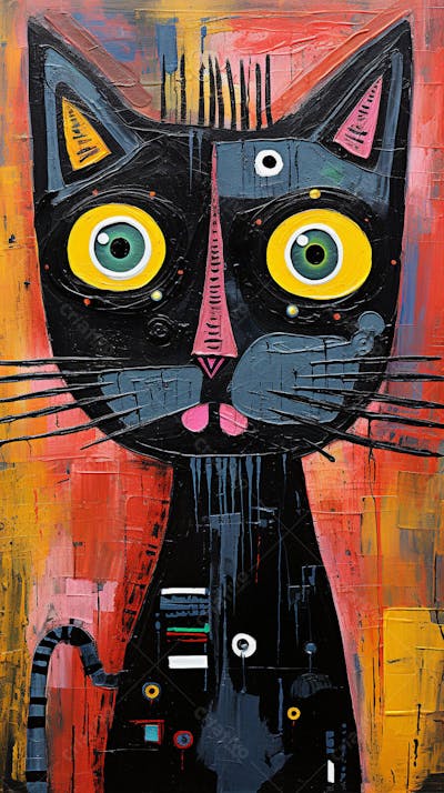 Gato Arte Brut - Pintura Colorida e Abstrata em Estilo Expressivo