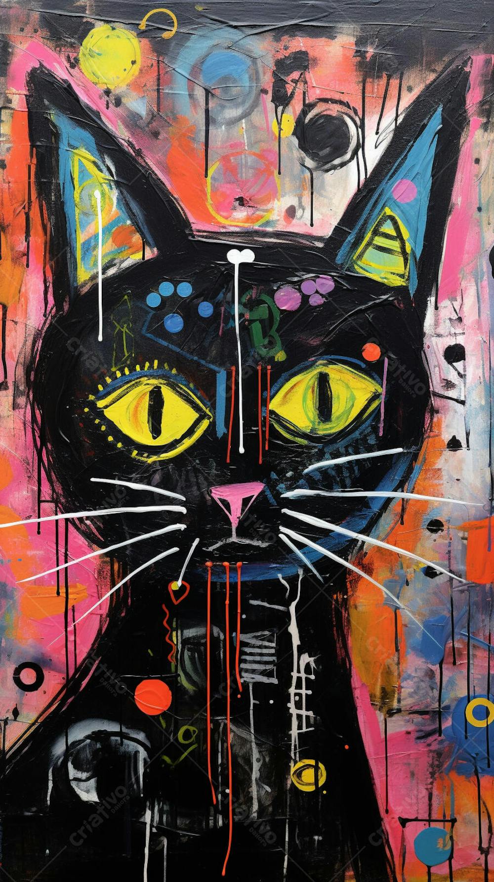 Gato Arte Brut - Pintura Colorida e Abstrata em Estilo Expressivo