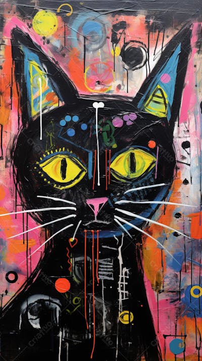 Gato Arte Brut - Pintura Colorida e Abstrata em Estilo Expressivo