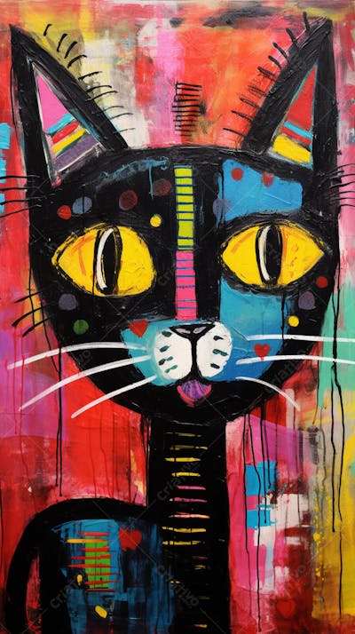 Gato Arte Brut - Pintura Colorida e Abstrata em Estilo Expressivo