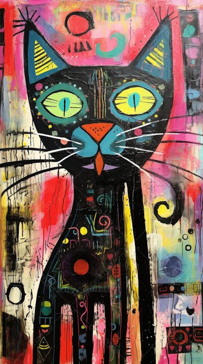 Gato Arte Brut - Pintura Colorida e Abstrata em Estilo Expressivo
