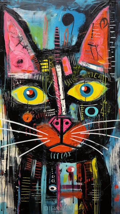 Gato Arte Brut - Pintura Colorida e Abstrata em Estilo Expressivo