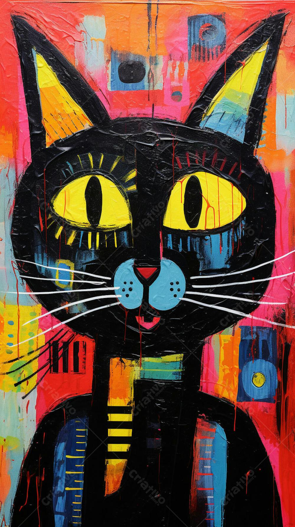 Gato Arte Brut - Pintura Colorida e Abstrata em Estilo Expressivo