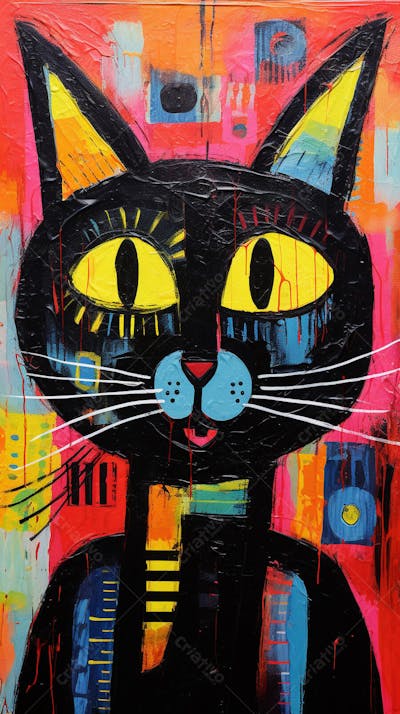 Gato Arte Brut - Pintura Colorida e Abstrata em Estilo Expressivo