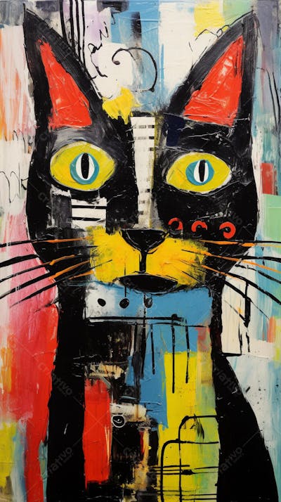Gato Arte Brut - Pintura Colorida e Abstrata em Estilo Expressivo