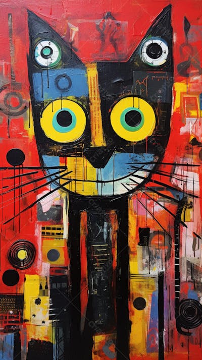 Gato Arte Brut - Pintura Colorida e Abstrata em Estilo Expressivo