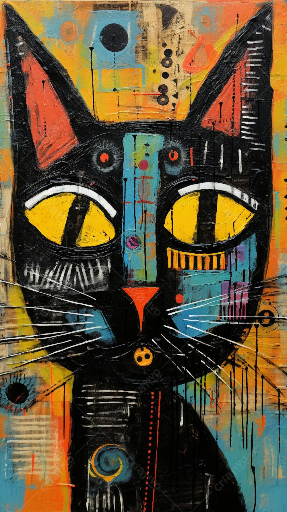 Gato Arte Brut - Pintura Colorida e Abstrata em Estilo Expressivo