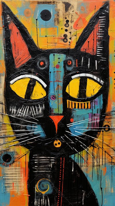 Gato Arte Brut - Pintura Colorida e Abstrata em Estilo Expressivo