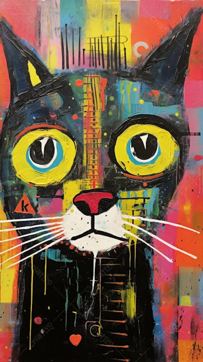 Gato Arte Brut - Pintura Colorida e Abstrata em Estilo Expressivo