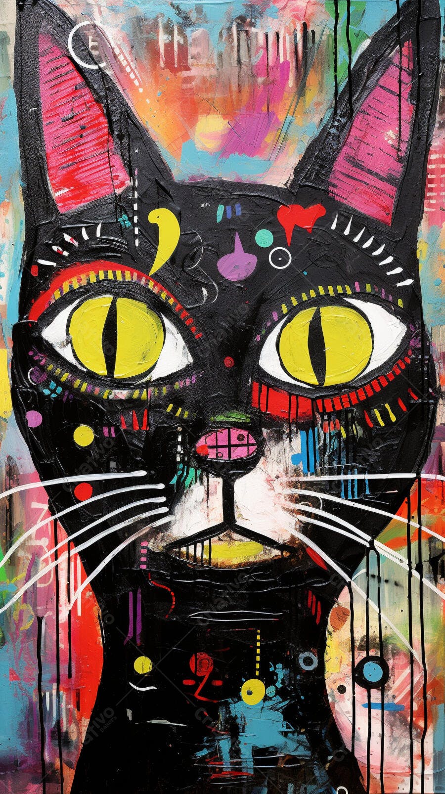 Gato Preto Abstrato Cores Vibrantes