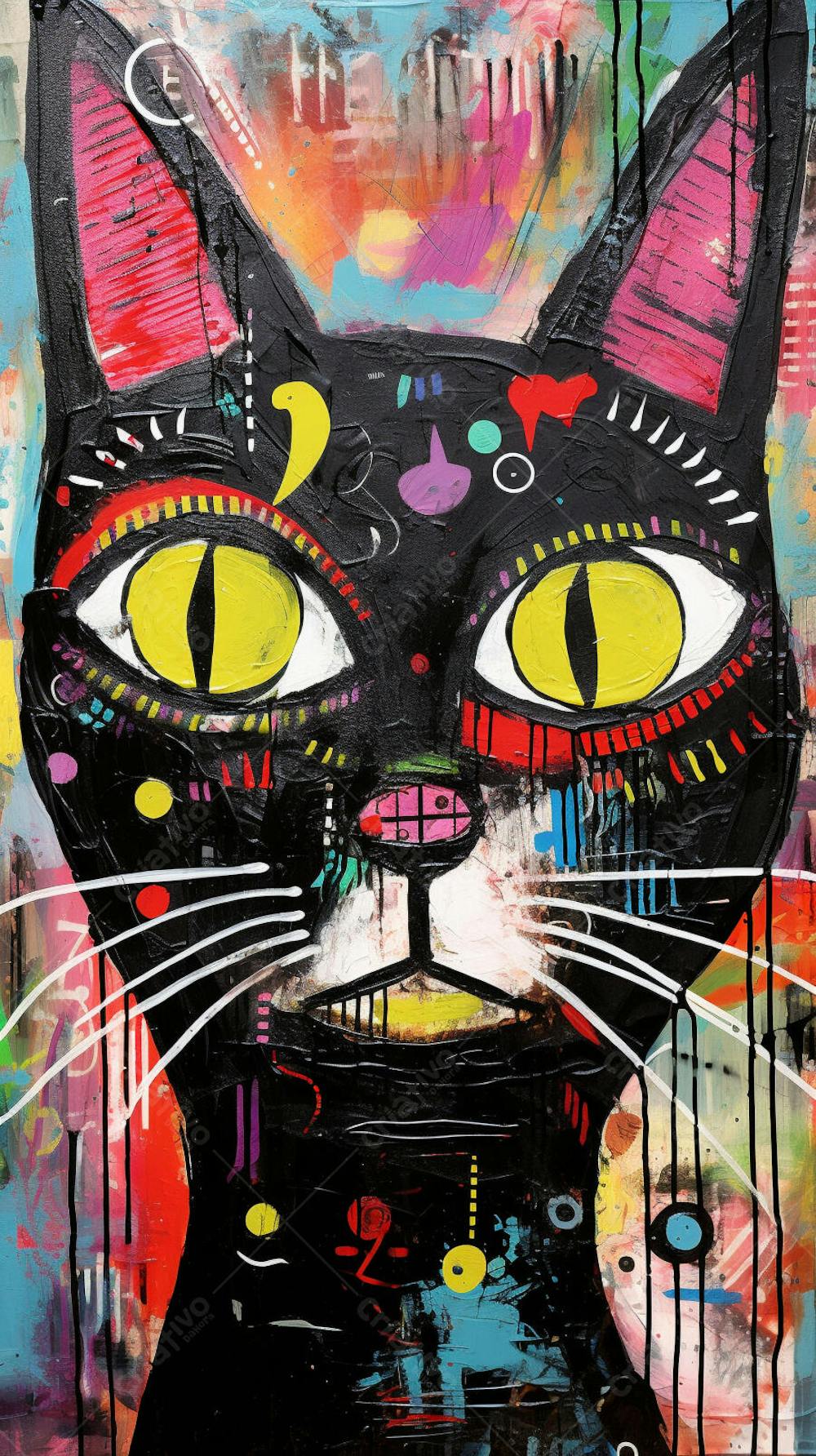 Gato Arte Brut - Pintura Colorida e Abstrata em Estilo Expressivo