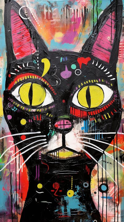 Gato Arte Brut - Pintura Colorida e Abstrata em Estilo Expressivo