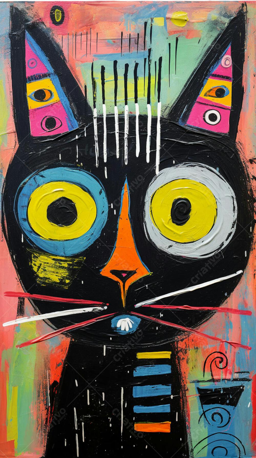 Gato Arte Brut - Pintura Colorida e Abstrata em Estilo Expressivo