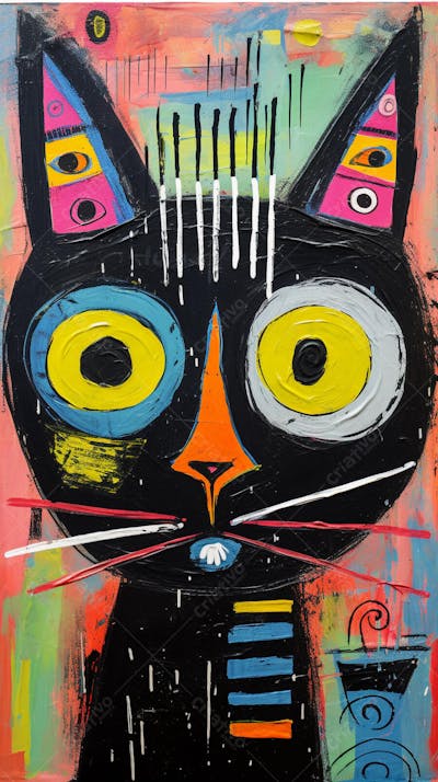 Gato Arte Brut - Pintura Colorida e Abstrata em Estilo Expressivo