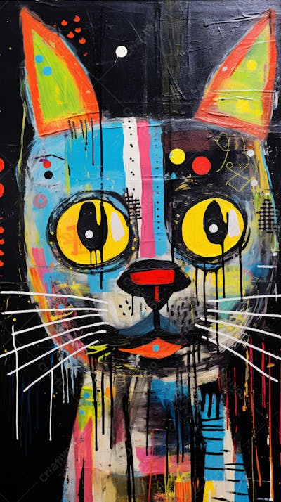 Gato Arte Brut - Pintura Colorida e Abstrata em Estilo Expressivo