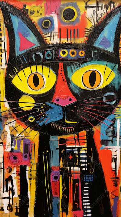 Gato Arte Brut - Pintura Colorida e Abstrata em Estilo Expressivo