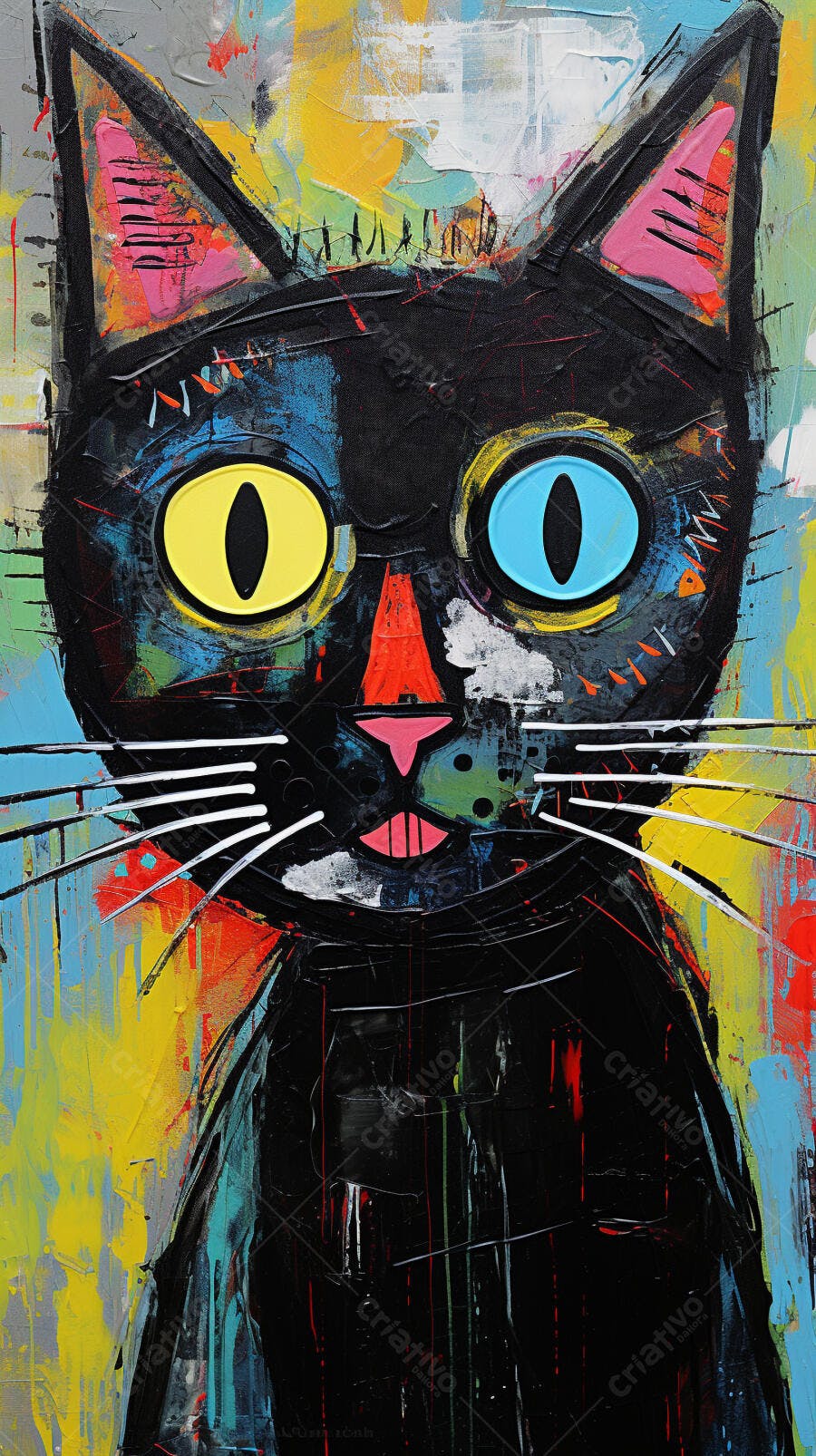 Gato preto estilo abstrato cores vibrantes