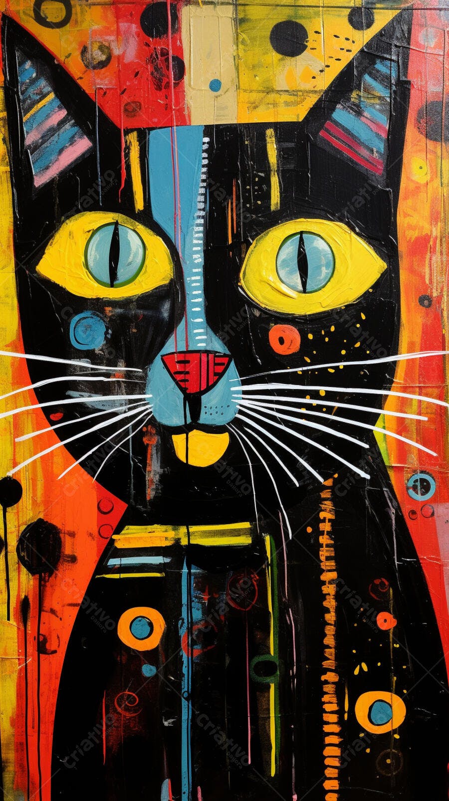 Gato Abstrato Preto Amarelo e Vermelho
