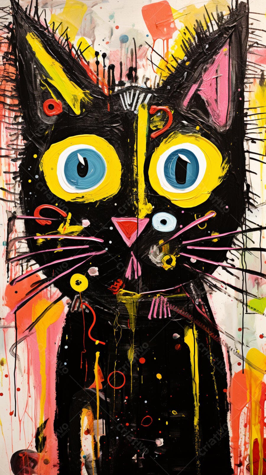 Gato preto pintura abstrata cores vibrantes