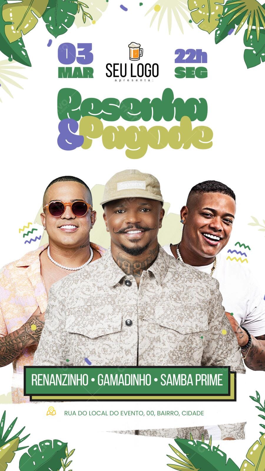 Flyer Festa Resenha e Pagode com Renanzinho, Gamadinho e Samba Prime Editável no Canva