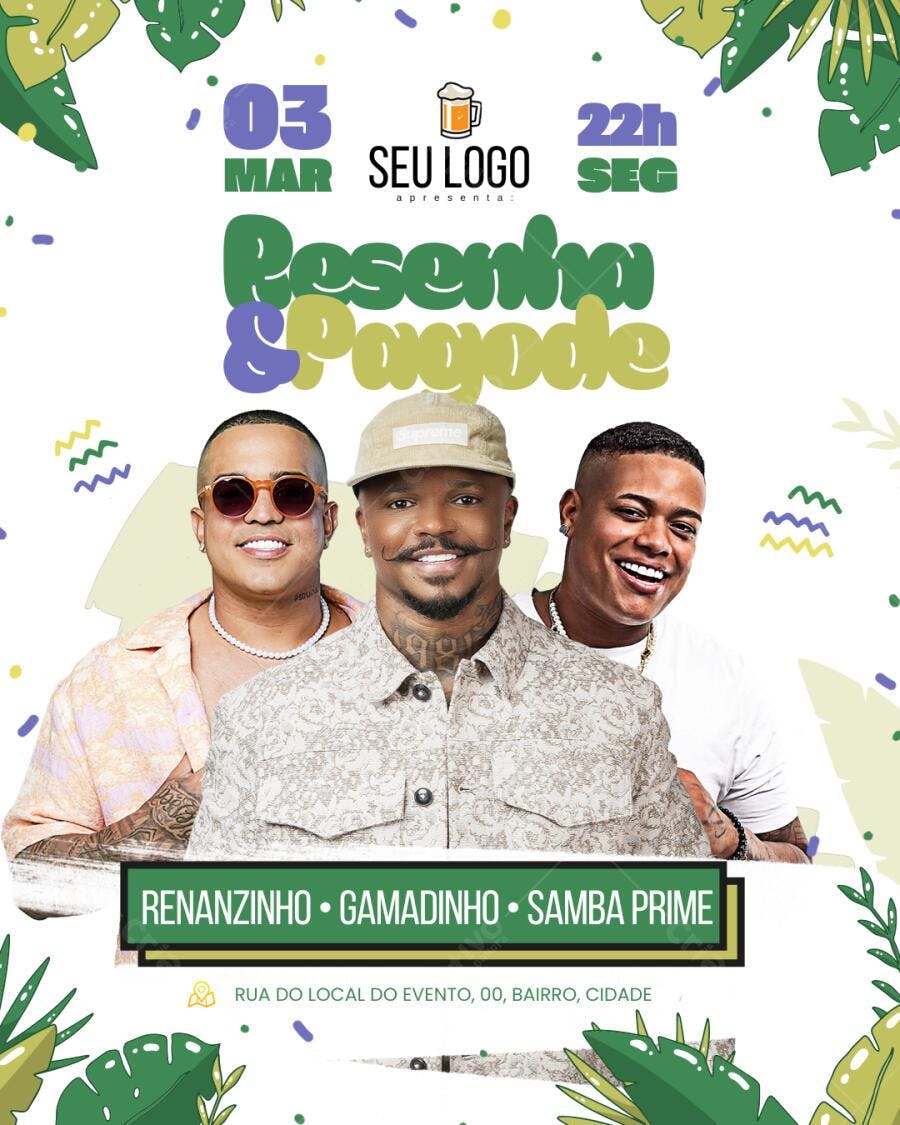 Flyer de Pagode com Renanzinho, Gamadinho e Samba Prime Editável no Canva