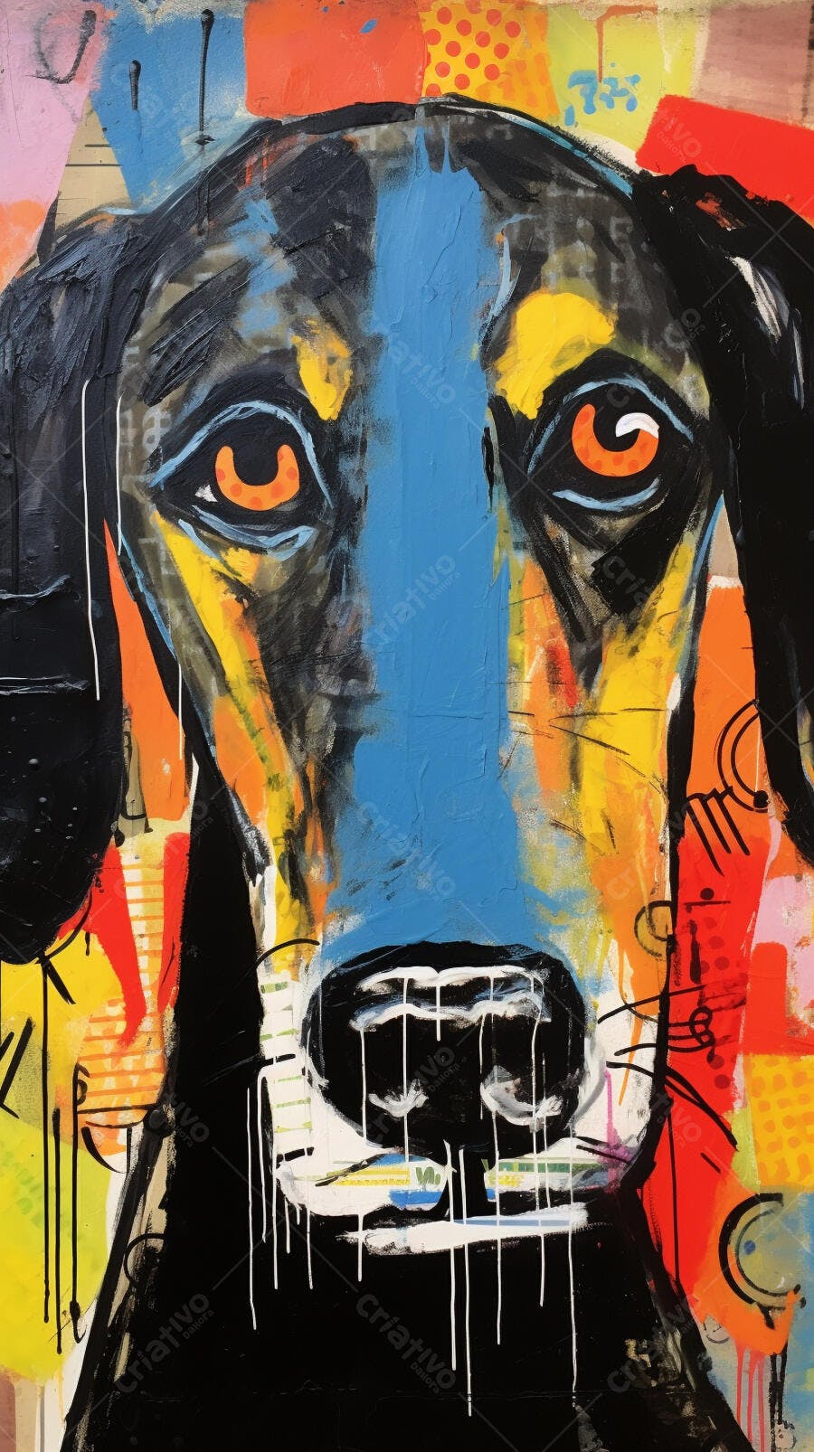 Retrato Abstrato de Cachorro Preto e Amarelo