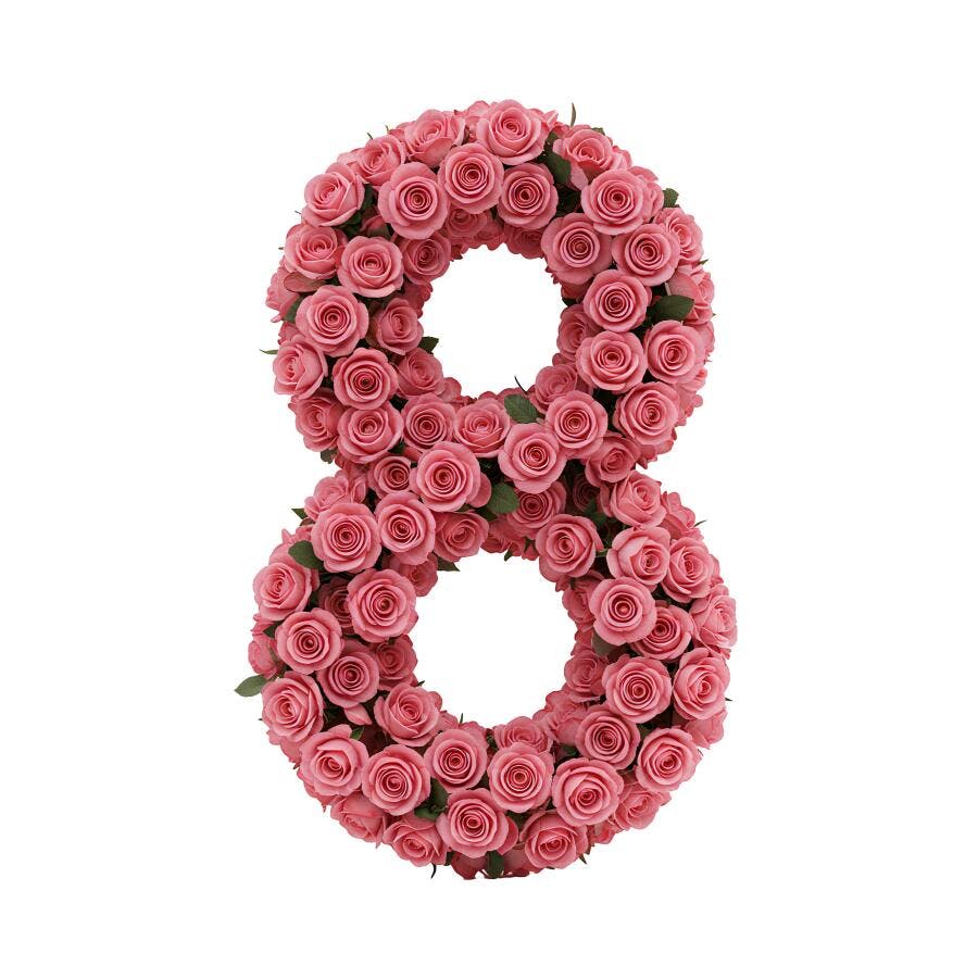 Número 8 formado por rosas cor-de-rosa