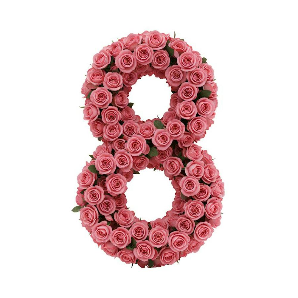 Renderização 3D do número 8 enfeitado rosas
